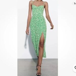Zara Printed Corsetry Inspired MIDI Dress Vibrant Green White Floral Size Medium